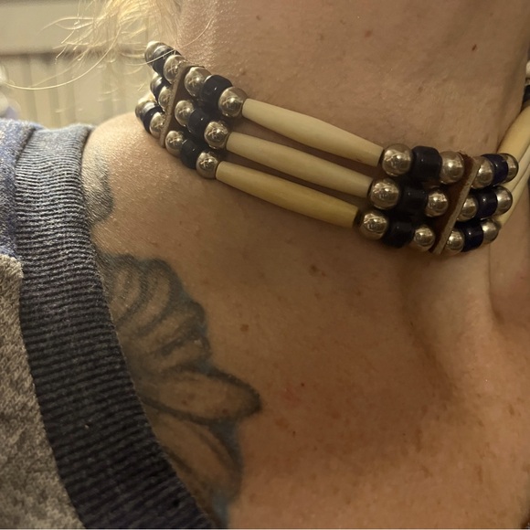 Native American style choker necklace , handmade bone leather and beading - Picture 2 of 5